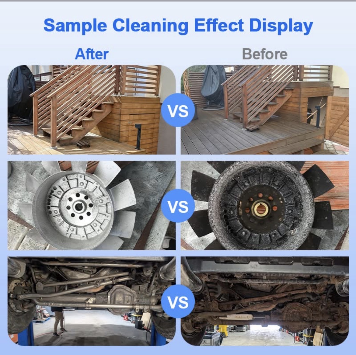 Wood railings, fan blade and vehicle underbody before and after