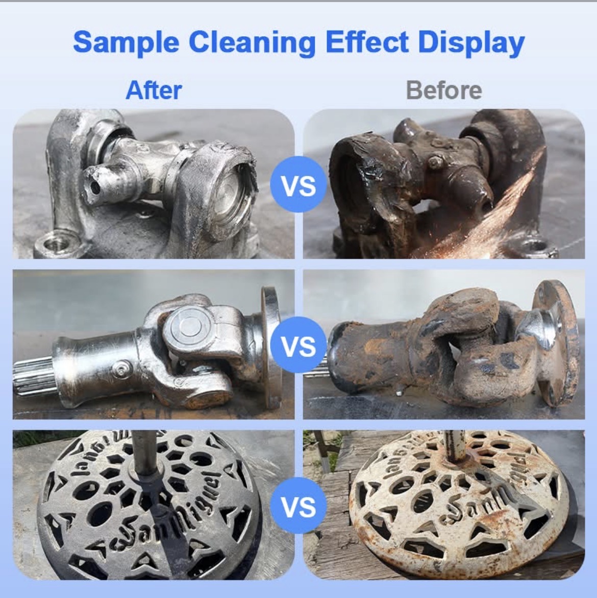 Laser cleaning results — before and after on metal parts